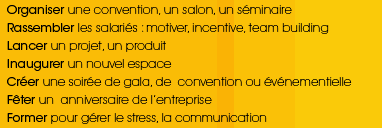 Organiser une convention, un salon, un séminaire. Rassembler les salariés : motiver, incentive, team builing. Lancer un projet, un produit. Inaugurer un nouvel espace. Créer une soirée de gala, de convention ou événementielle. Fêter un aniversaire d'entreprise. Former pour gérer le stress, la communication.